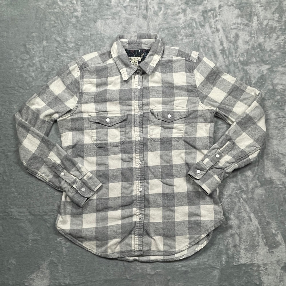 Tailor Vintage Flannel Shirt Women Medium Grey Buffalo Plaid Long Sleeve Cotton